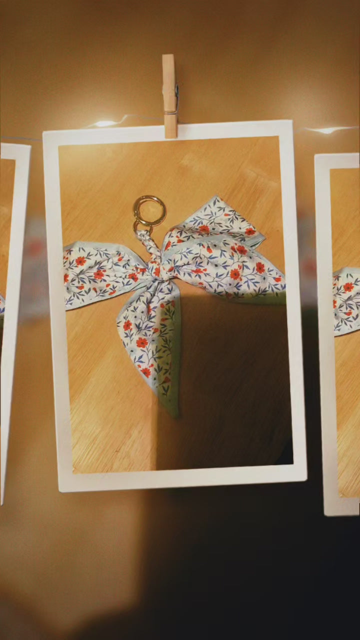 Blue Floral Bow Keychain | Cute Fabric Ribbon Bag Charm & Purse Accessory