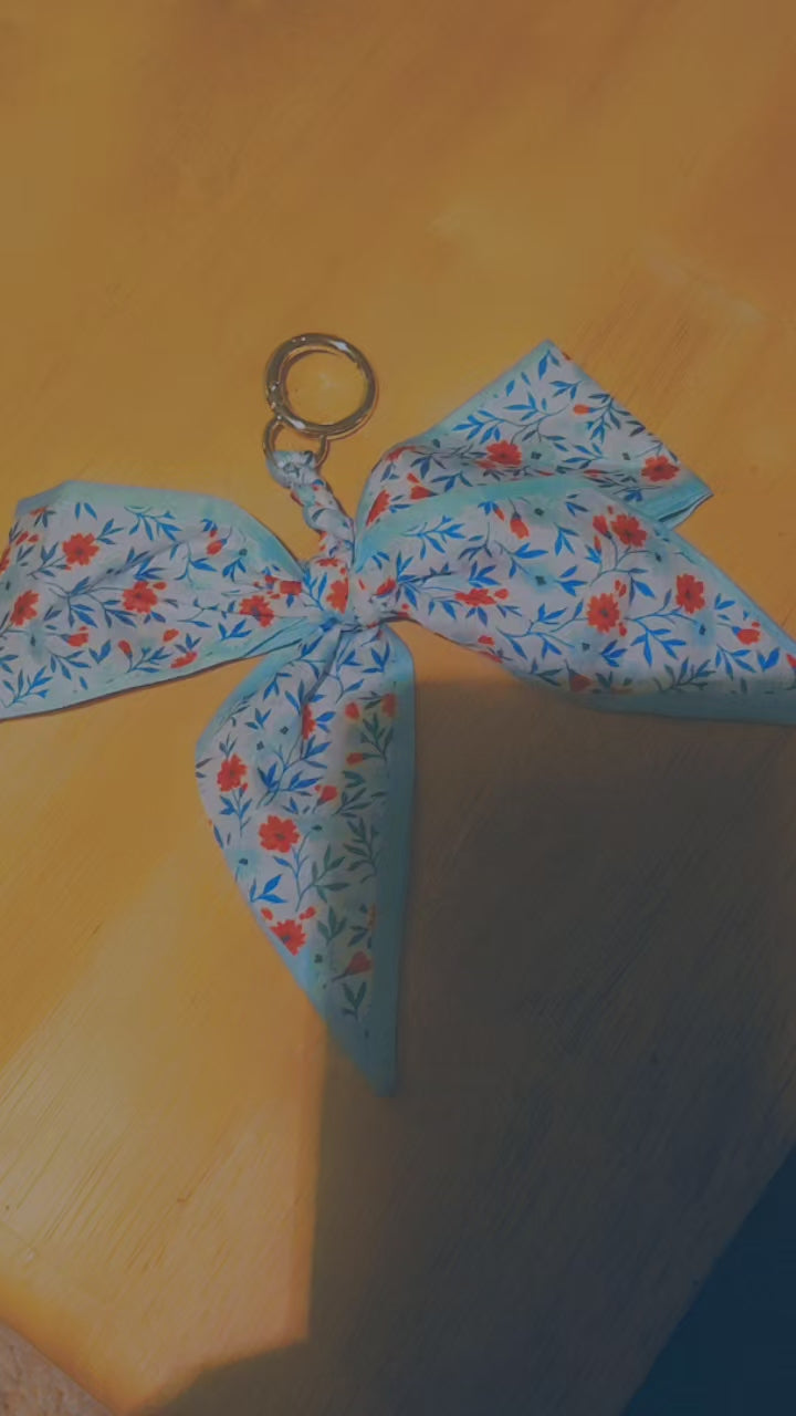 Blue Floral Bow Keychain | Cute Fabric Ribbon Bag Charm & Purse Accessory
