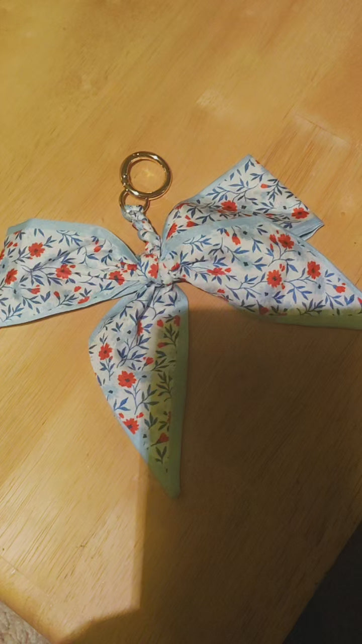 Blue Floral Bow Keychain | Cute Fabric Ribbon Bag Charm & Purse Accessory