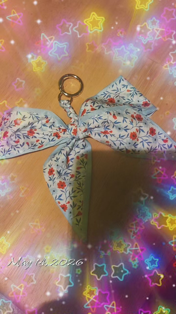 Blue Floral Bow Keychain | Cute Fabric Ribbon Bag Charm & Purse Accessory