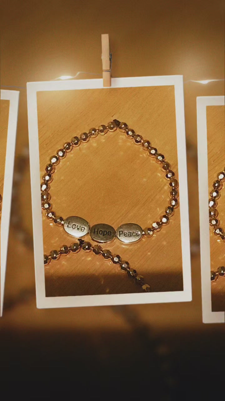 Love Hope Peace Silver Oval Bracelet with Gold Beads | Inspirational Adjustable Bracelet for Women | Faith Jewelry Gift for Her