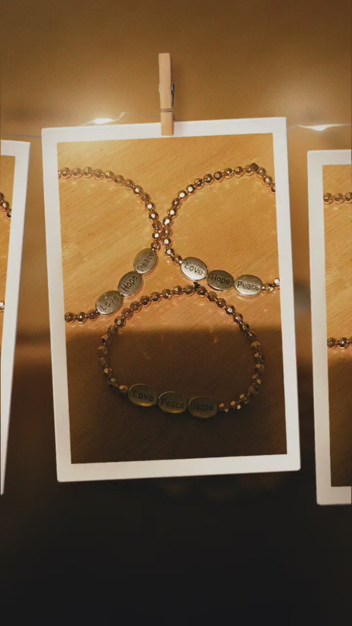 Love Hope Peace Silver Oval Bracelet with Gold Beads | Inspirational Adjustable Bracelet for Women | Faith Jewelry Gift for Her