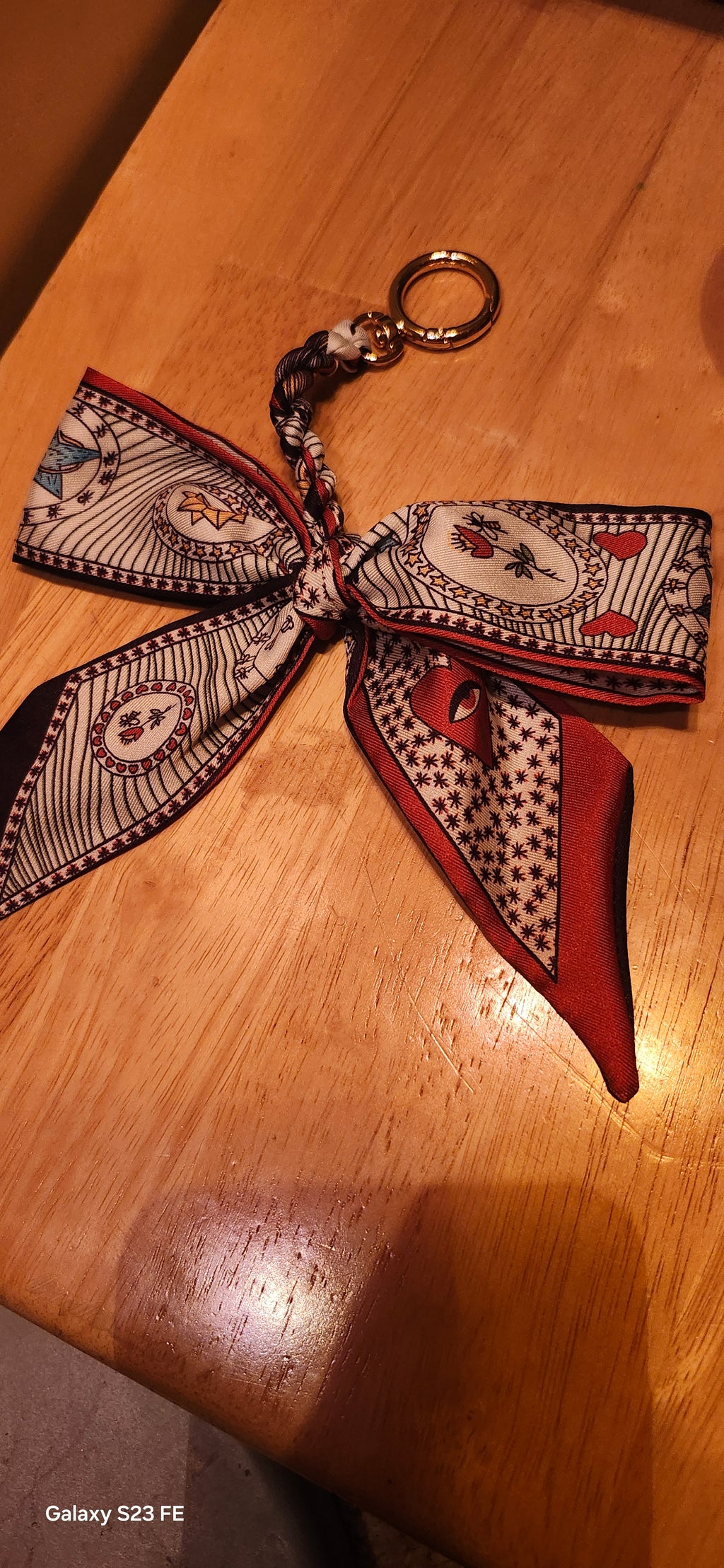 Elegant Silk Bow Keychain Scarf Charm | Red & Navy Heart Print Purse Accessory | Cute Bag Charm for Women | Gift for Her