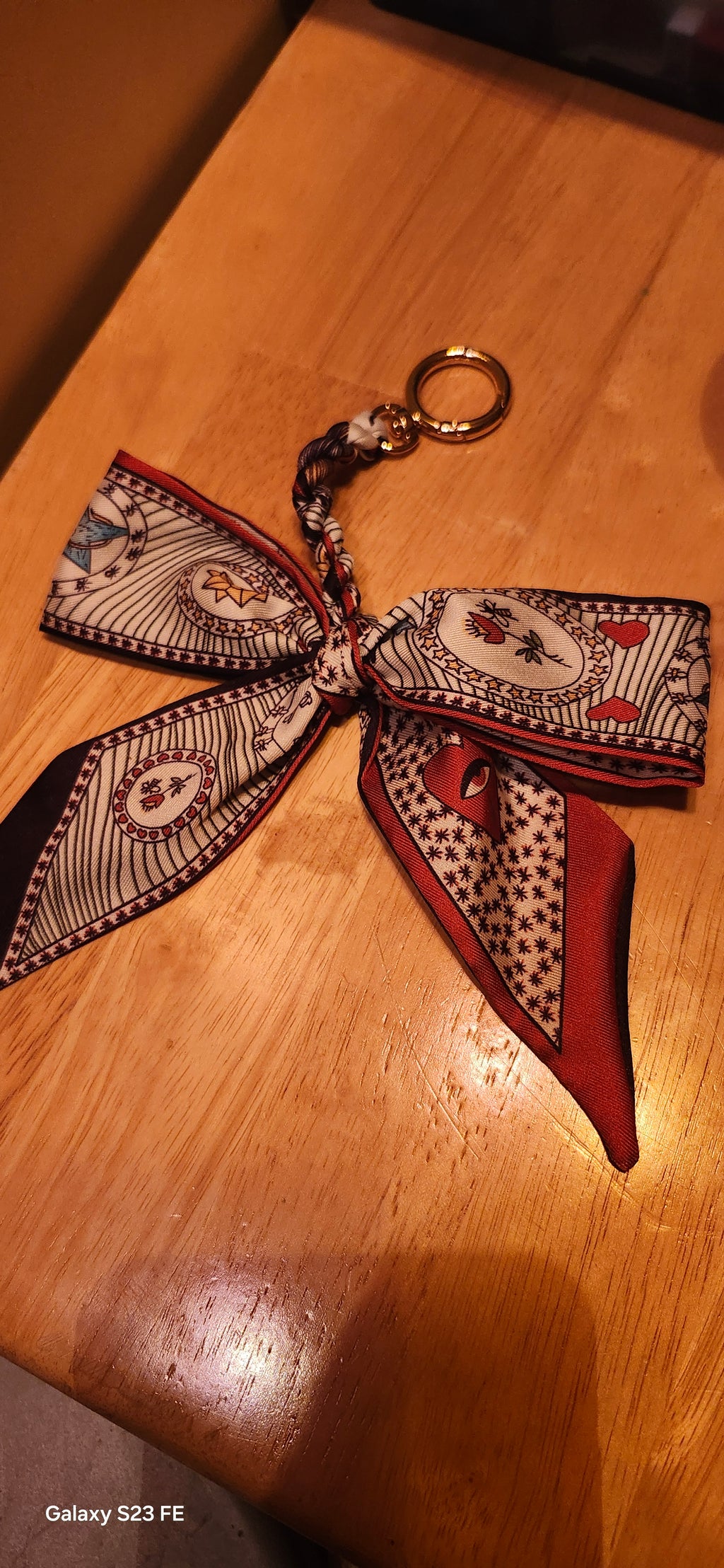 Elegant Silk Bow Keychain Scarf Charm | Red & Navy Heart Print Purse Accessory | Cute Bag Charm for Women | Gift for Her