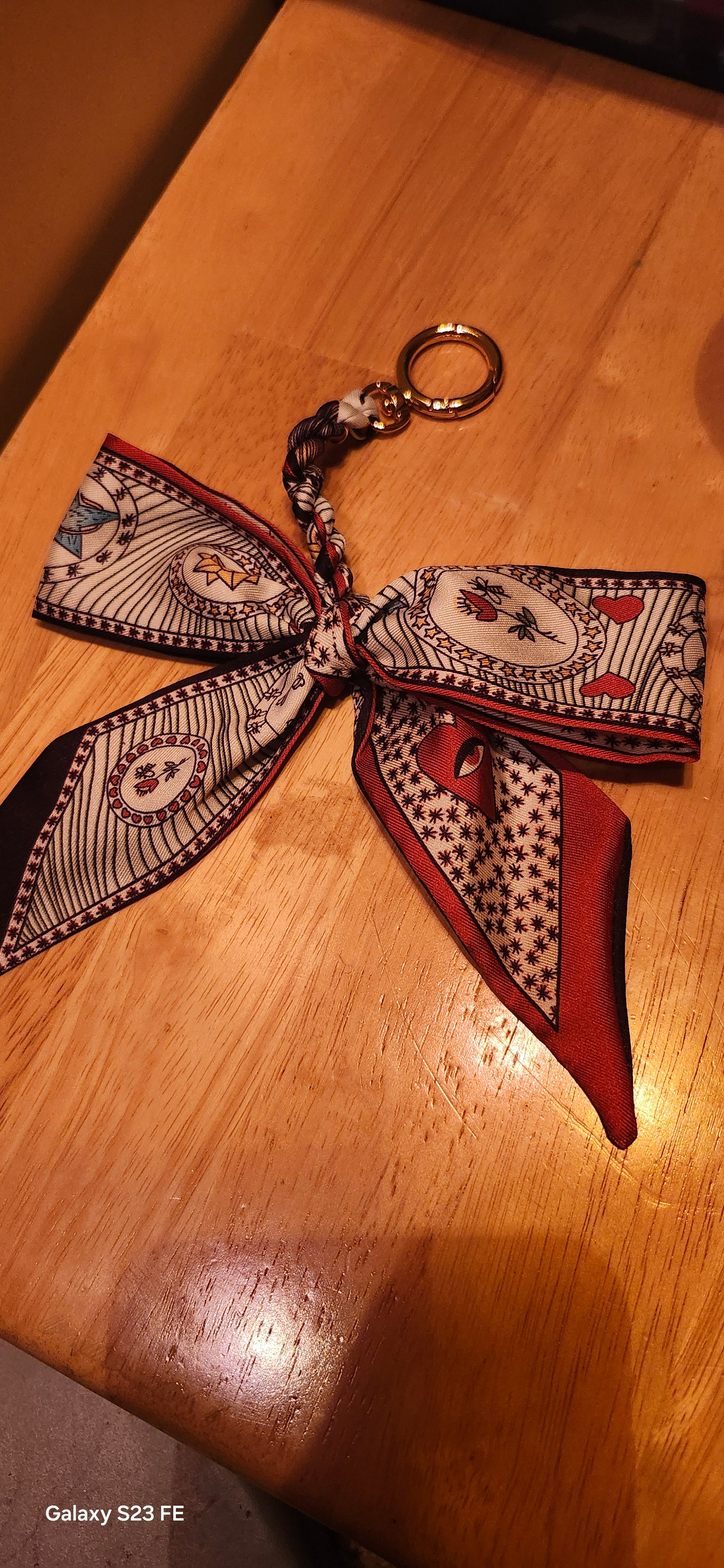 Elegant Silk Bow Keychain Scarf Charm | Red & Navy Heart Print Purse Accessory | Cute Bag Charm for Women | Gift for Her