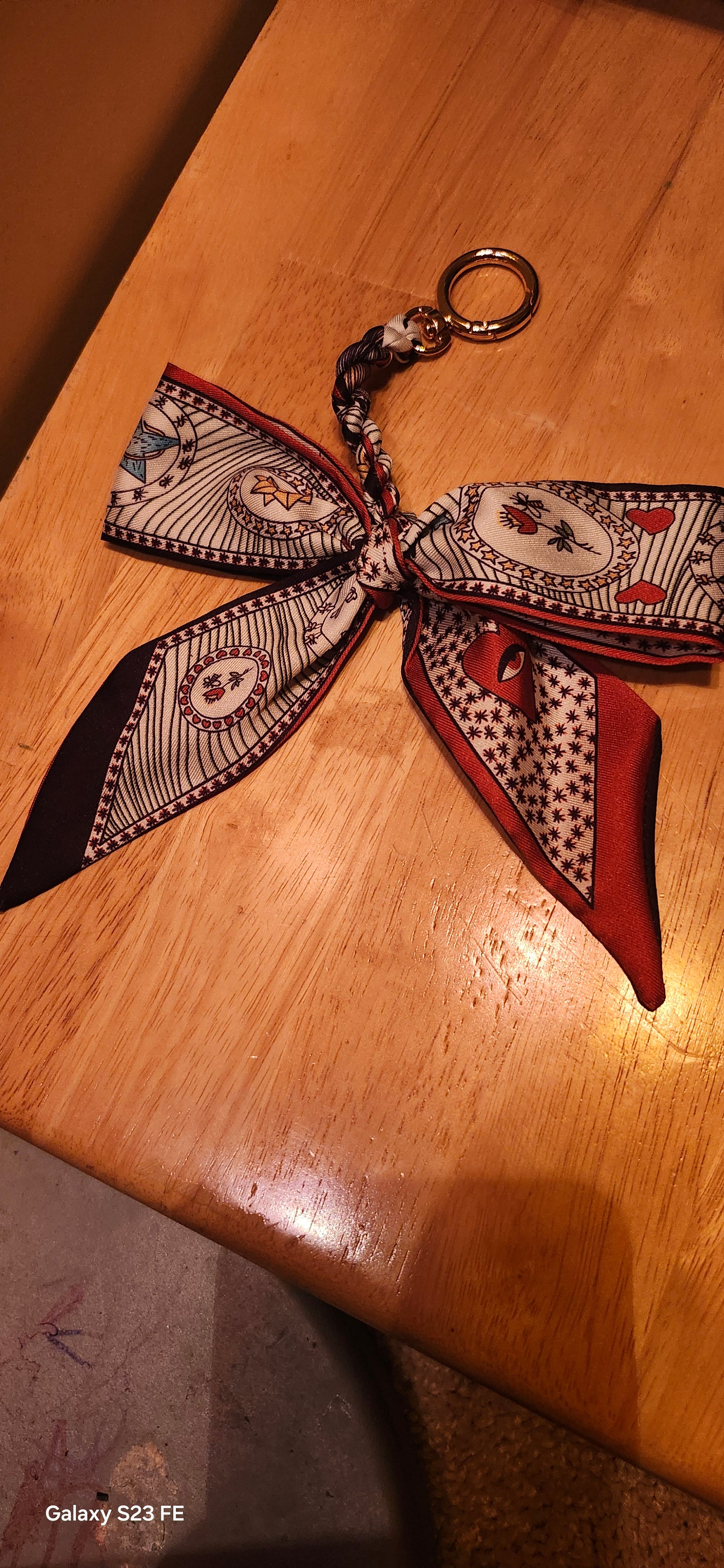 Elegant Silk Bow Keychain Scarf Charm | Red & Navy Heart Print Purse Accessory | Cute Bag Charm for Women | Gift for Her