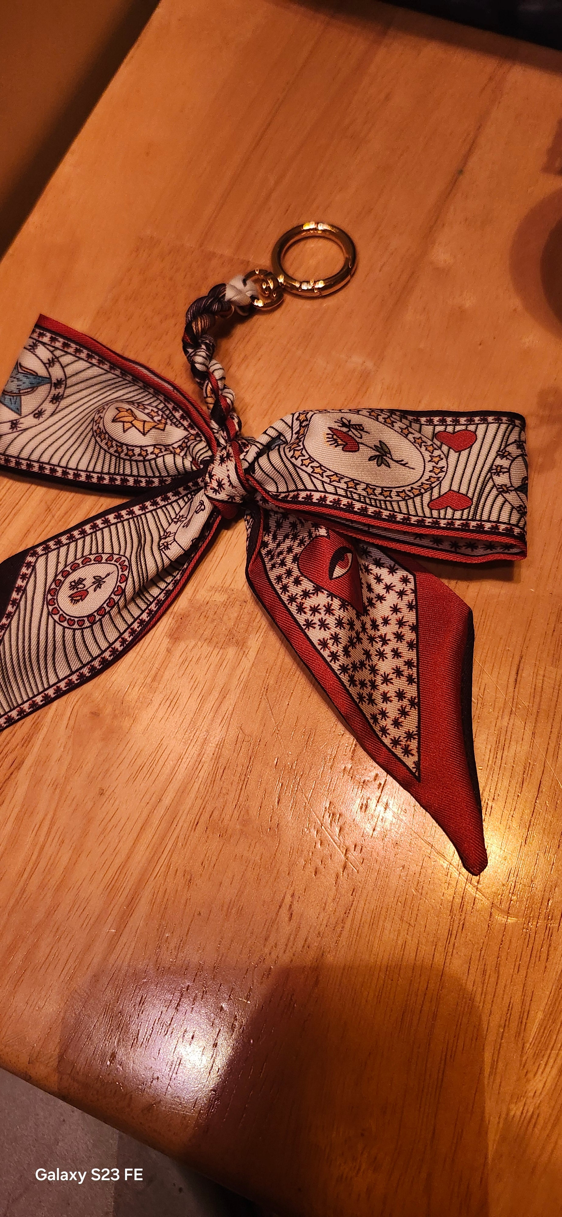 Elegant Silk Bow Keychain Scarf Charm | Red & Navy Heart Print Purse Accessory | Cute Bag Charm for Women | Gift for Her