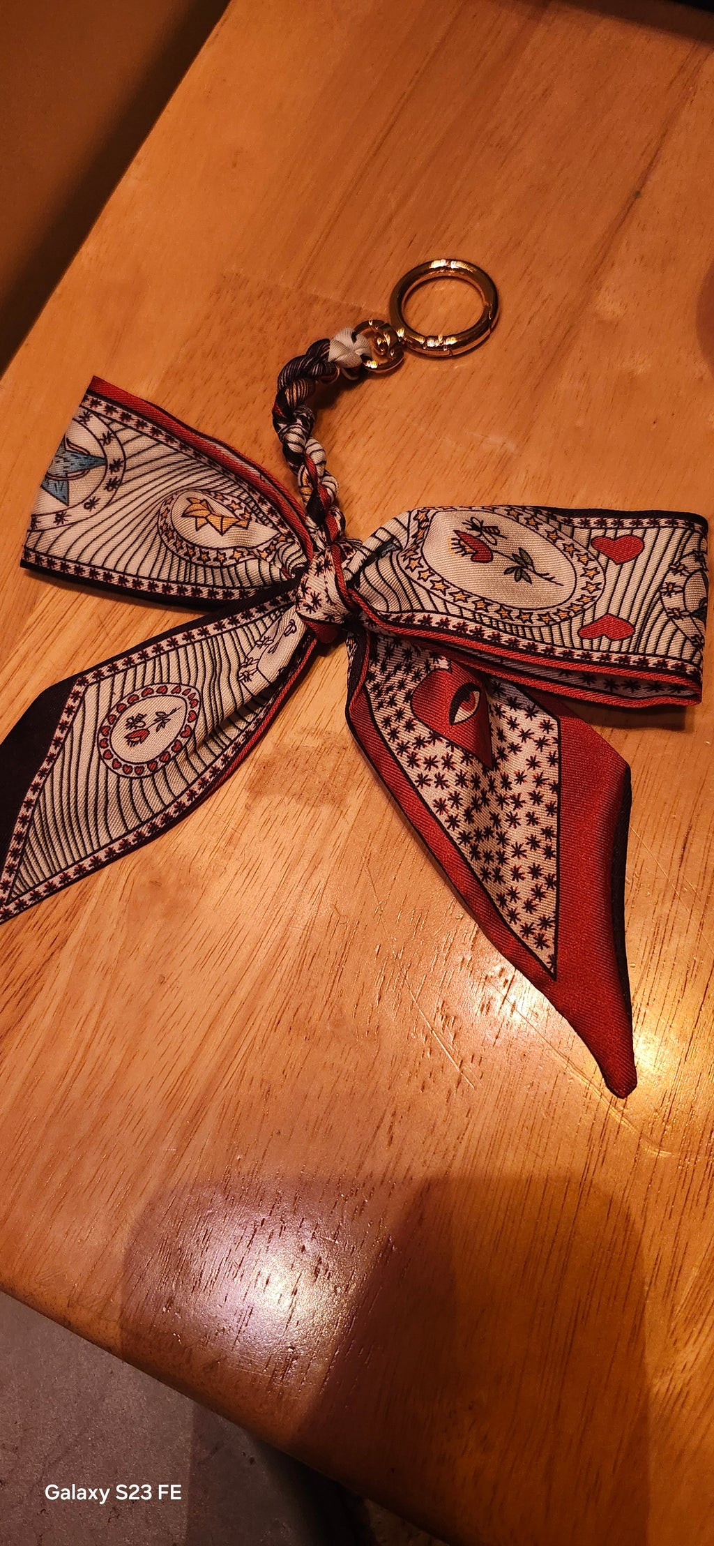 Elegant Silk Bow Keychain Scarf Charm | Red & Navy Heart Print Purse Accessory | Cute Bag Charm for Women | Gift for Her