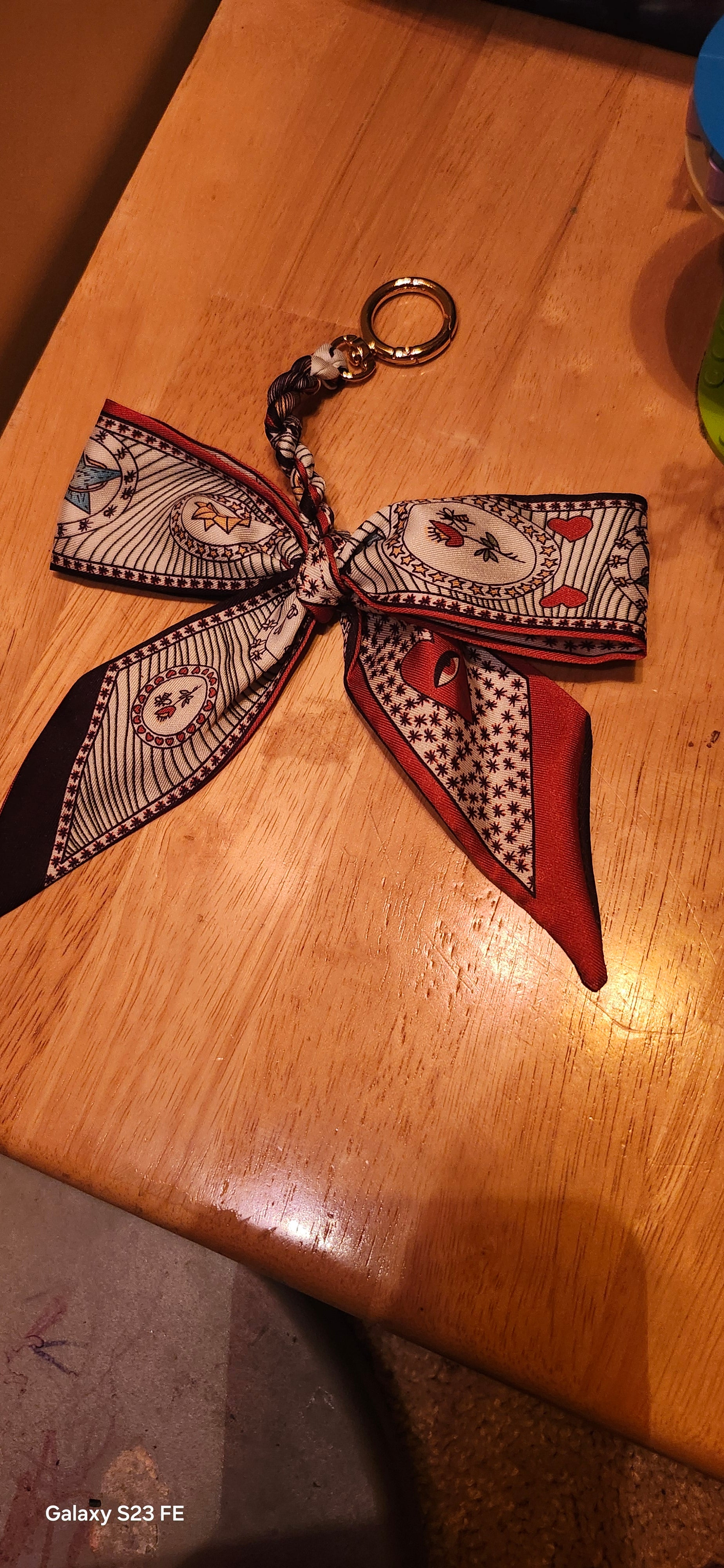 Elegant Silk Bow Keychain Scarf Charm | Red & Navy Heart Print Purse Accessory | Cute Bag Charm for Women | Gift for Her
