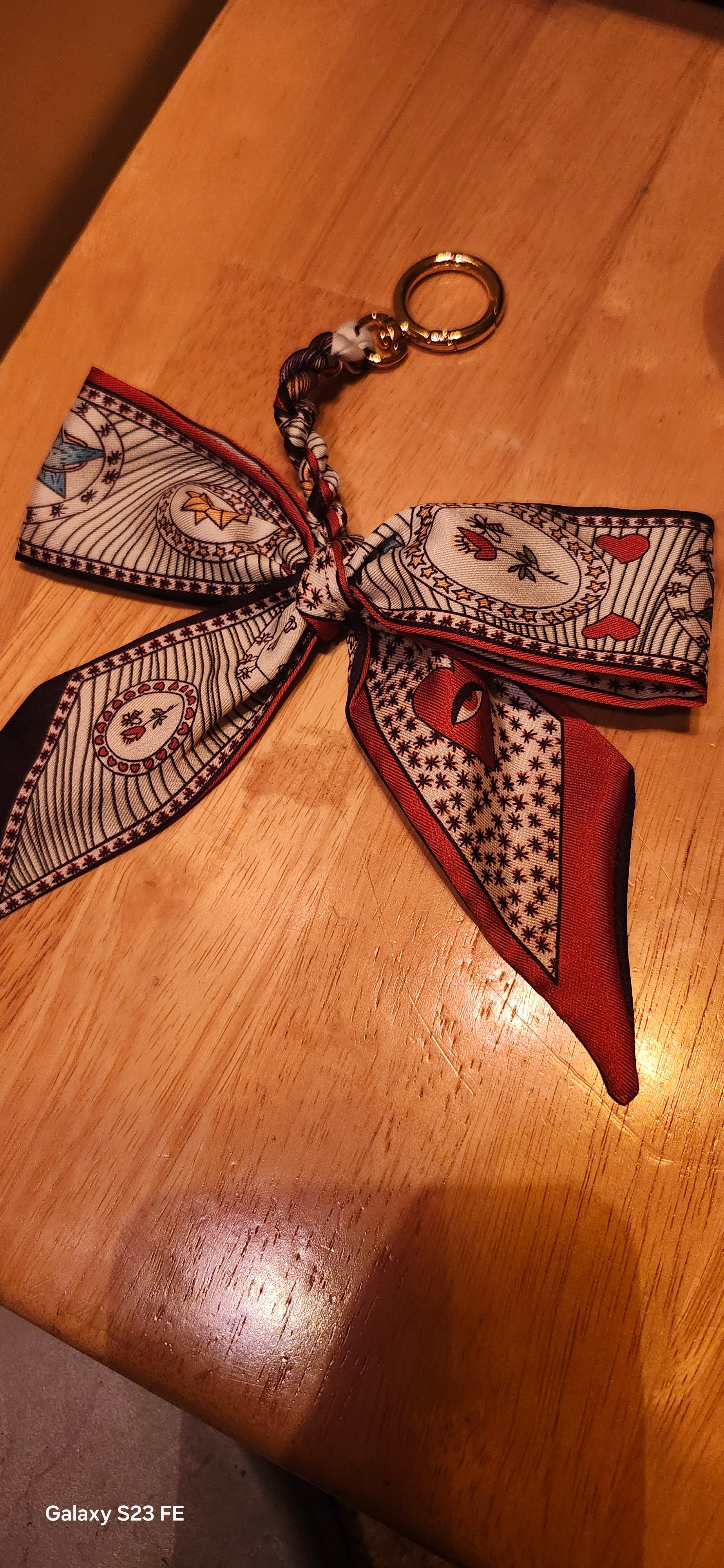 Elegant Silk Bow Keychain Scarf Charm | Red & Navy Heart Print Purse Accessory | Cute Bag Charm for Women | Gift for Her