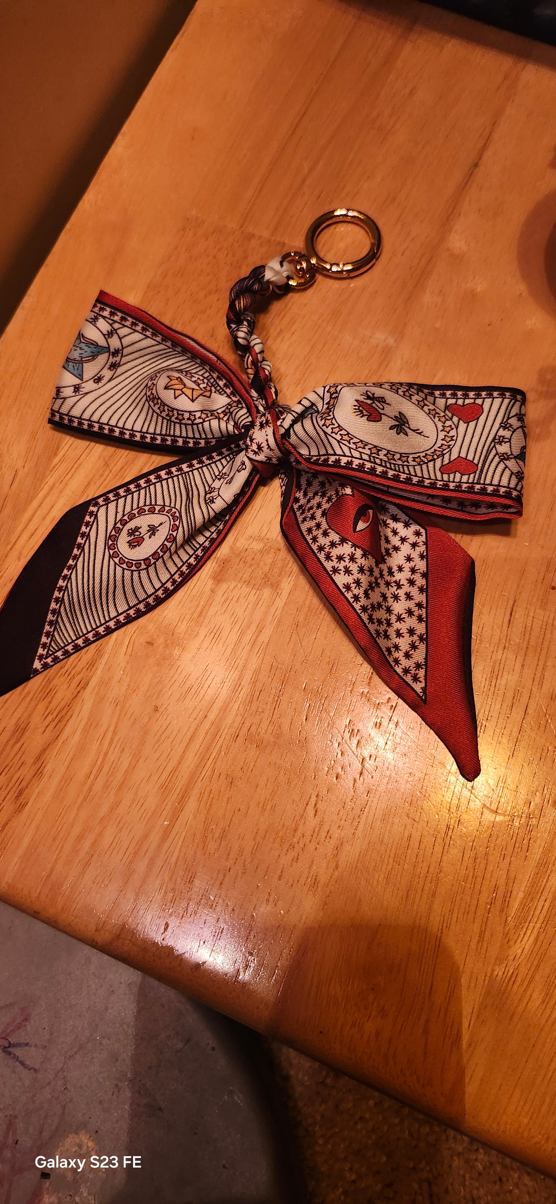 Elegant Silk Bow Keychain Scarf Charm | Red & Navy Heart Print Purse Accessory | Cute Bag Charm for Women | Gift for Her