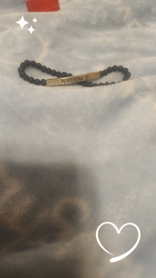 Balance Inspirational Beaded Bracelet – Black Matte Stone Stretch Bracelet with Gold Bar
