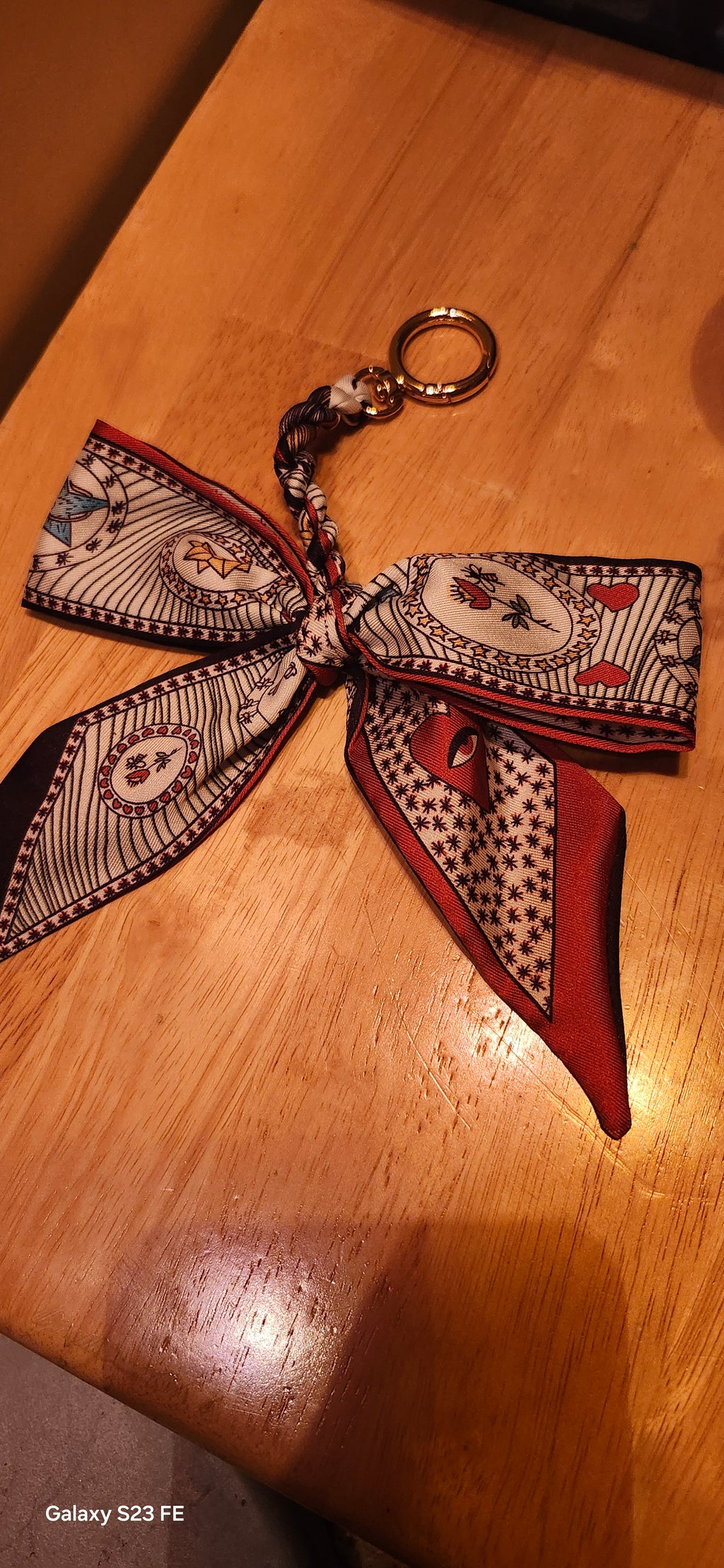 Elegant Silk Bow Keychain Scarf Charm | Red & Navy Heart Print Purse Accessory | Cute Bag Charm for Women | Gift for Her