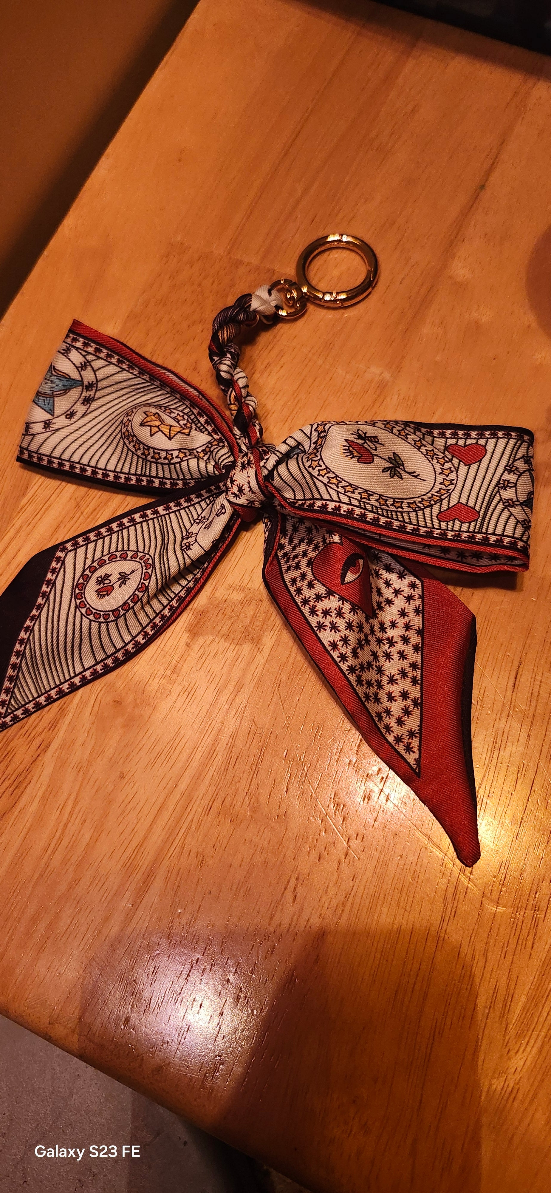 Elegant Silk Bow Keychain Scarf Charm | Red & Navy Heart Print Purse Accessory | Cute Bag Charm for Women | Gift for Her