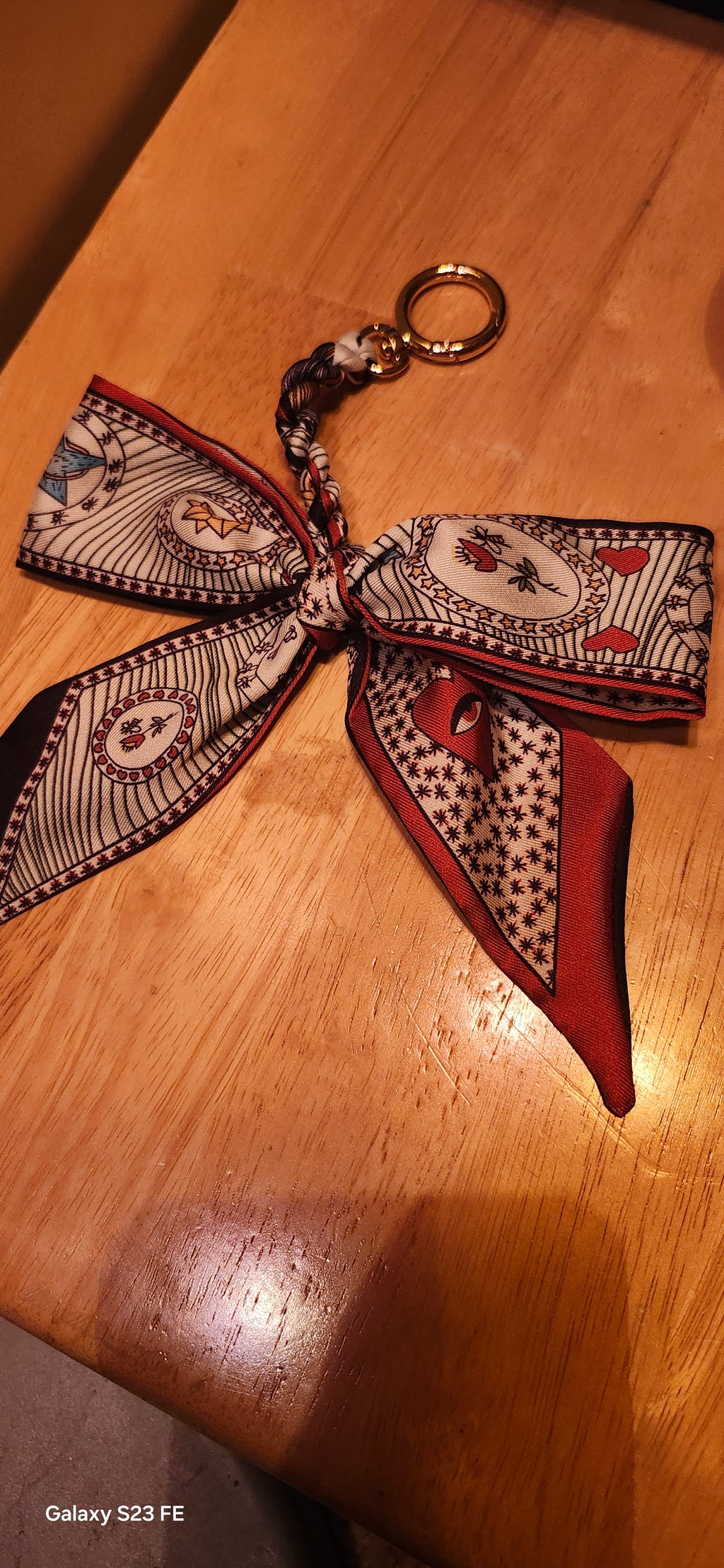 Elegant Silk Bow Keychain Scarf Charm | Red & Navy Heart Print Purse Accessory | Cute Bag Charm for Women | Gift for Her