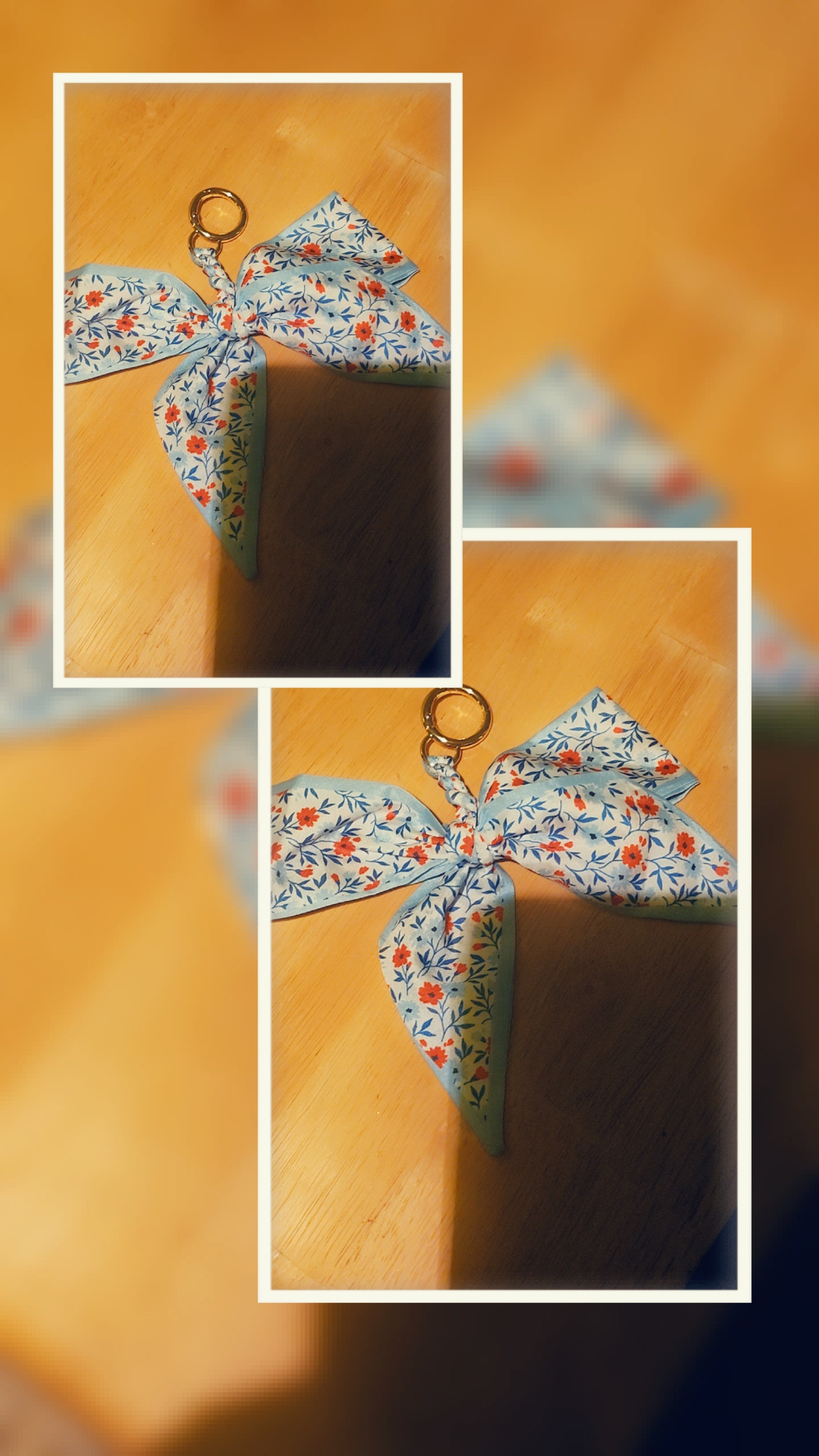 Blue Floral Bow Keychain | Cute Fabric Ribbon Bag Charm & Purse Accessory